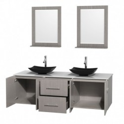 72 inch Double Bathroom Vanity in Gray Oak, White Man-Made Stone Countertop, Arista Black Granite Sinks, and 24 inch Mirrors