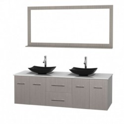 72 inch Double Bathroom Vanity in Gray Oak, White Man-Made Stone Countertop, Arista Black Granite Sinks, and 70 inch Mirror