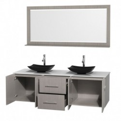 72 inch Double Bathroom Vanity in Gray Oak, White Man-Made Stone Countertop, Arista Black Granite Sinks, and 70 inch Mirror