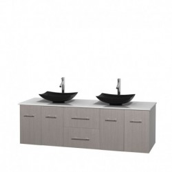 72 inch Double Bathroom Vanity in Gray Oak, White Man-Made Stone Countertop, Arista Black Granite Sinks, and No Mirror