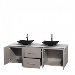 72 inch Double Bathroom Vanity in Gray Oak, White Man-Made Stone Countertop, Arista Black Granite Sinks, and No Mirror