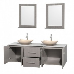 72 inch Double Bathroom Vanity in Gray Oak, White Man-Made Stone Countertop, Arista Ivory Marble Sinks, and 24 inch Mirrors
