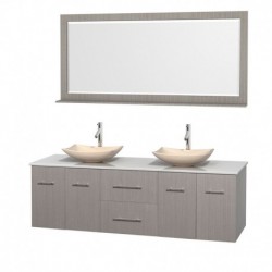 72 inch Double Bathroom Vanity in Gray Oak, White Man-Made Stone Countertop, Arista Ivory Marble Sinks, and 70 inch Mirror