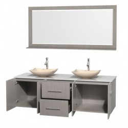 72 inch Double Bathroom Vanity in Gray Oak, White Man-Made Stone Countertop, Arista Ivory Marble Sinks, and 70 inch Mirror