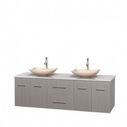 72 inch Double Bathroom Vanity in Gray Oak, White Man-Made Stone Countertop, Arista Ivory Marble Sinks, and No Mirror