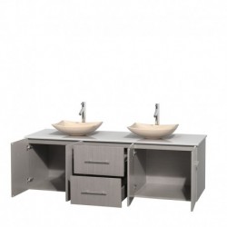 72 inch Double Bathroom Vanity in Gray Oak, White Man-Made Stone Countertop, Arista Ivory Marble Sinks, and No Mirror