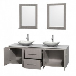 72 inch Double Bathroom Vanity in Gray Oak, White Man-Made Stone Countertop, Arista White Carrera Marble Sinks, and 24 inch Mir