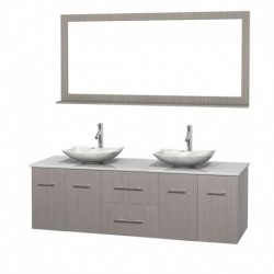 72 inch Double Bathroom Vanity in Gray Oak, White Man-Made Stone Countertop, Arista White Carrera Marble Sinks, and 70 inch Mir