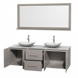 72 inch Double Bathroom Vanity in Gray Oak, White Man-Made Stone Countertop, Arista White Carrera Marble Sinks, and 70 inch Mir