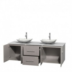 72 inch Double Bathroom Vanity in Gray Oak, White Man-Made Stone Countertop, Arista White Carrera Marble Sinks, and No Mirror
