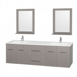 72 inch Double Bathroom Vanity in Gray Oak, White Man-Made Stone Countertop, Undermount Square Sink, and 24 inch Mirrors