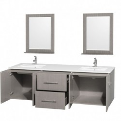 72 inch Double Bathroom Vanity in Gray Oak, White Man-Made Stone Countertop, Undermount Square Sink, and 24 inch Mirrors