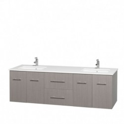 72 inch Double Bathroom Vanity in Gray Oak, White Man-Made Stone Countertop, Undermount Square Sinks, and No Mirror