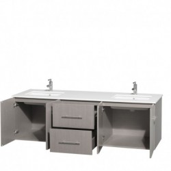 72 inch Double Bathroom Vanity in Gray Oak, White Man-Made Stone Countertop, Undermount Square Sinks, and No Mirror
