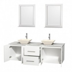 72 inch Double Bathroom Vanity in Matte White, White Carrera Marble Countertop, Pyra Bone Porcelain Sinks, and 24 inch Mirrors