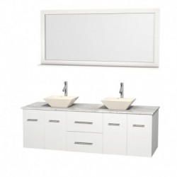 72 inch Double Bathroom Vanity in Matte White, White Carrera Marble Countertop, Pyra Bone Porcelain Sinks, and 70 inch Mirror