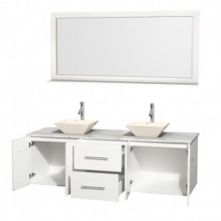 72 inch Double Bathroom Vanity in Matte White, White Carrera Marble Countertop, Pyra Bone Porcelain Sinks, and 70 inch Mirror