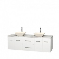 72 inch Double Bathroom Vanity in Matte White, White Carrera Marble Countertop, Pyra Bone Porcelain Sinks, and No Mirror