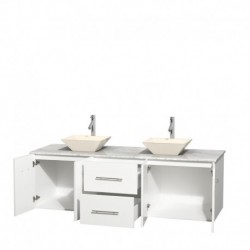 72 inch Double Bathroom Vanity in Matte White, White Carrera Marble Countertop, Pyra Bone Porcelain Sinks, and No Mirror