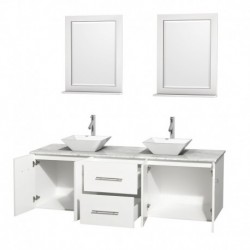 72 inch Double Bathroom Vanity in Matte White, White Carrera Marble Countertop, Pyra White Porcelain Sinks, and 24 inch Mirrors