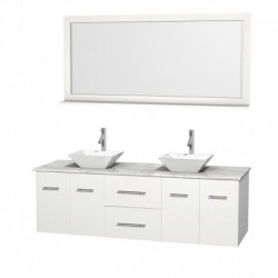 72 inch Double Bathroom Vanity in Matte White, White Carrera Marble Countertop, Pyra White Porcelain Sinks, and 70 inch Mirror