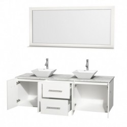 72 inch Double Bathroom Vanity in Matte White, White Carrera Marble Countertop, Pyra White Porcelain Sinks, and 70 inch Mirror