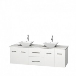 72 inch Double Bathroom Vanity in Matte White, White Carrera Marble Countertop, Pyra White Porcelain Sinks, and No Mirror