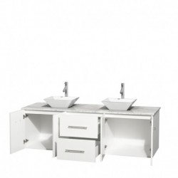 72 inch Double Bathroom Vanity in Matte White, White Carrera Marble Countertop, Pyra White Porcelain Sinks, and No Mirror