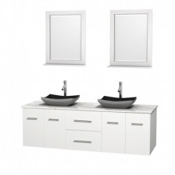 72 inch Double Bathroom Vanity in Matte White, White Carrera Marble Countertop, Altair Black Granite Sinks, and 24 inch Mirrors
