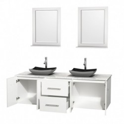 72 inch Double Bathroom Vanity in Matte White, White Carrera Marble Countertop, Altair Black Granite Sinks, and 24 inch Mirrors