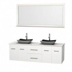 72 inch Double Bathroom Vanity in Matte White, White Carrera Marble Countertop, Altair Black Granite Sinks, and 70 inch Mirror