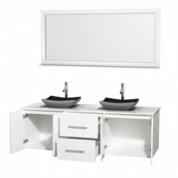 72 inch Double Bathroom Vanity in Matte White, White Carrera Marble Countertop, Altair Black Granite Sinks, and 70 inch Mirror