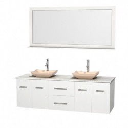 72 inch Double Bathroom Vanity in Matte White, White Carrera Marble Countertop, Avalon Ivory Marble Sinks, and 70 inch Mirror