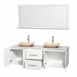 72 inch Double Bathroom Vanity in Matte White, White Carrera Marble Countertop, Avalon Ivory Marble Sinks, and 70 inch Mirror