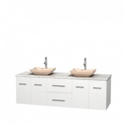 72 inch Double Bathroom Vanity in Matte White, White Carrera Marble Countertop, Avalon Ivory Marble Sinks, and No Mirror