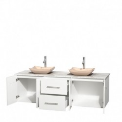 72 inch Double Bathroom Vanity in Matte White, White Carrera Marble Countertop, Avalon Ivory Marble Sinks, and No Mirror