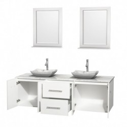 72 inch Double Bathroom Vanity in Matte White, White Carrera Marble Countertop, Avalon White Carrera Marble Sinks, and 24 inch