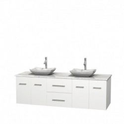 72 inch Double Bathroom Vanity in Matte White, White Carrera Marble Countertop, Avalon White Carrera Marble Sinks, and No Mirro