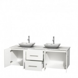72 inch Double Bathroom Vanity in Matte White, White Carrera Marble Countertop, Avalon White Carrera Marble Sinks, and No Mirro