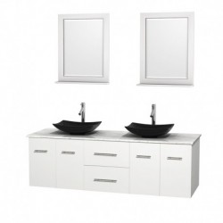 72 inch Double Bathroom Vanity in Matte White, White Carrera Marble Countertop, Arista Black Granite Sinks, and 24 inch Mirrors