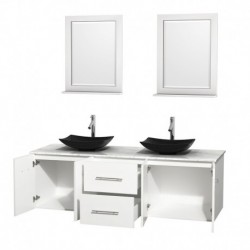 72 inch Double Bathroom Vanity in Matte White, White Carrera Marble Countertop, Arista Black Granite Sinks, and 24 inch Mirrors