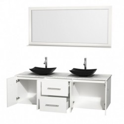 72 inch Double Bathroom Vanity in Matte White, White Carrera Marble Countertop, Arista Black Granite Sinks, and 70 inch Mirror