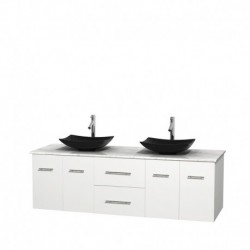 72 inch Double Bathroom Vanity in Matte White, White Carrera Marble Countertop, Arista Black Granite Sinks, and No Mirror