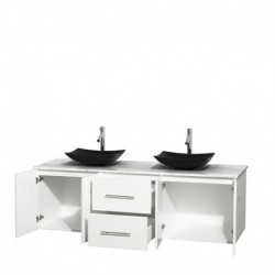 72 inch Double Bathroom Vanity in Matte White, White Carrera Marble Countertop, Arista Black Granite Sinks, and No Mirror