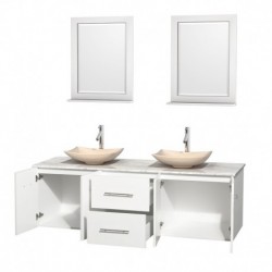 72 inch Double Bathroom Vanity in Matte White, White Carrera Marble Countertop, Arista Ivory Marble Sinks, and 24 inch Mirrors