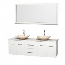 72 inch Double Bathroom Vanity in Matte White, White Carrera Marble Countertop, Arista Ivory Marble Sinks, and 70 inch Mirror