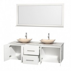 72 inch Double Bathroom Vanity in Matte White, White Carrera Marble Countertop, Arista Ivory Marble Sinks, and 70 inch Mirror