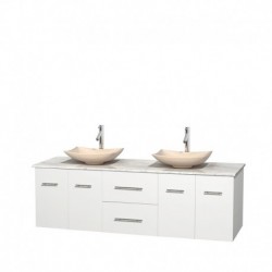72 inch Double Bathroom Vanity in Matte White, White Carrera Marble Countertop, Arista Ivory Marble Sinks, and No Mirror