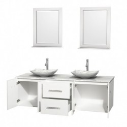 72 inch Double Bathroom Vanity in Matte White, White Carrera Marble Countertop, Arista White Carrera Marble Sinks, and 24 inch