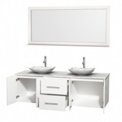 72 inch Double Bathroom Vanity in Matte White, White Carrera Marble Countertop, Arista White Carrera Marble Sinks, and 70 inch